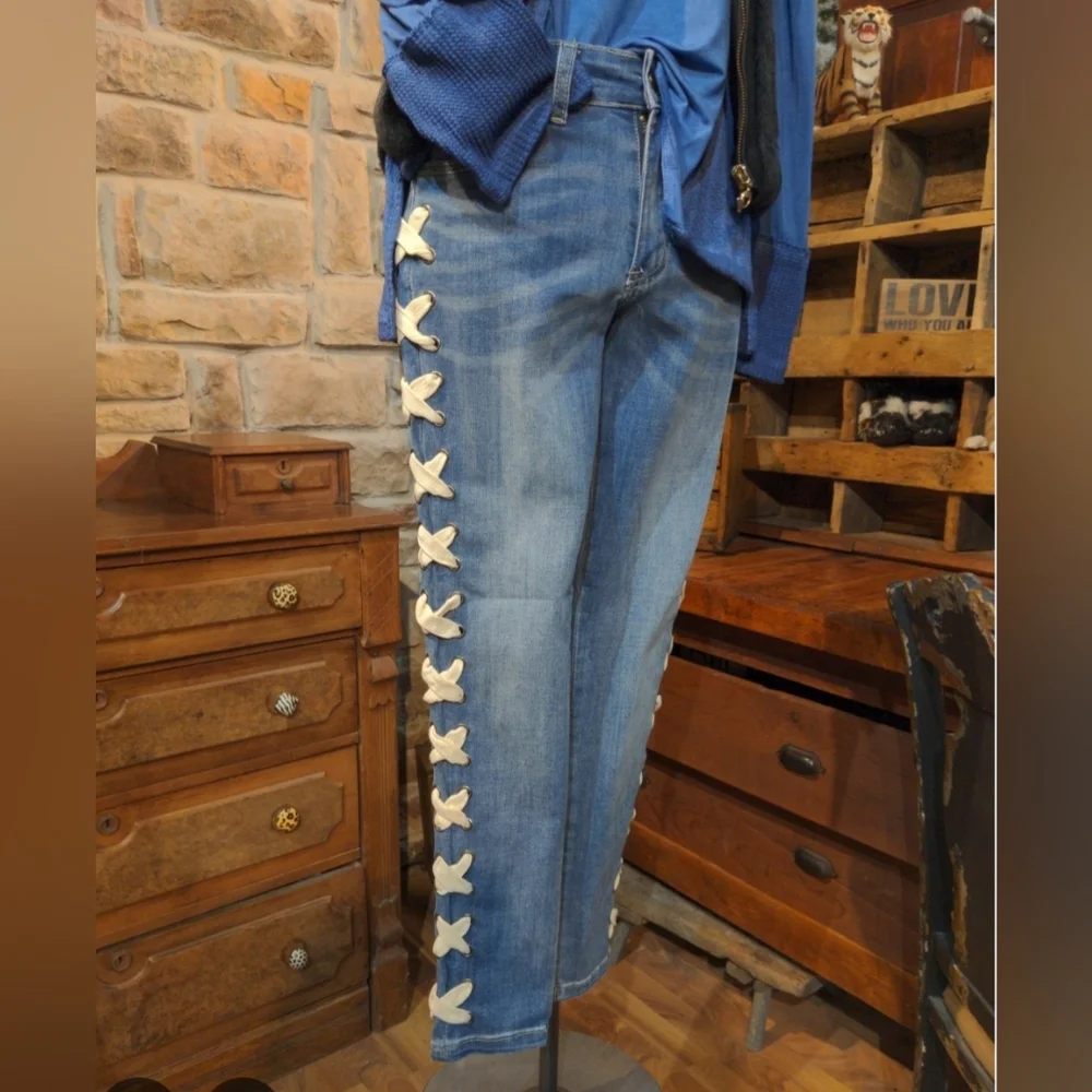 Vocal Blue Jean with Cream Criss Cross Tie Side Accent - Picture 1 of 5